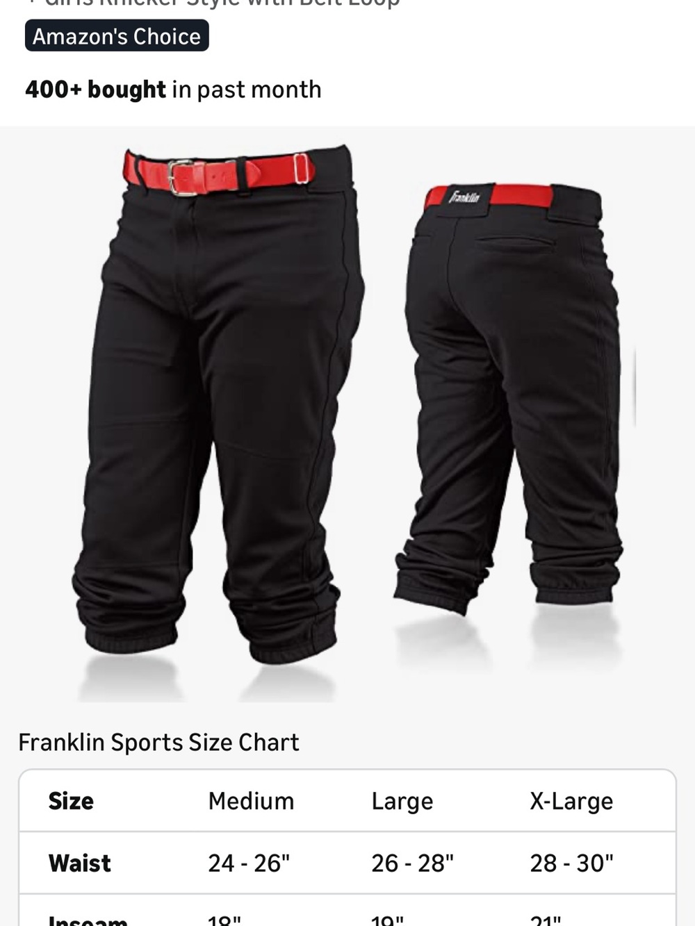Franklin Youth Black Baseball Softball Pants Knickers XL